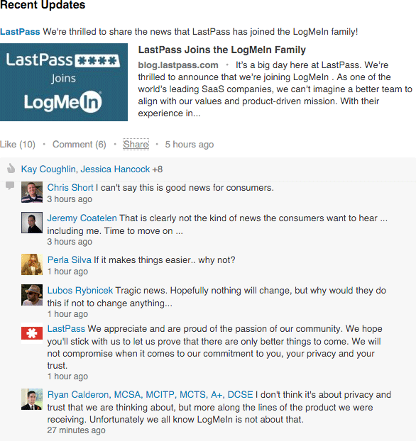 LastPass Comment on LinkedIn