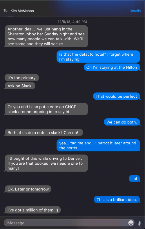 iMessage thread between Kim McMahon and Chris Short prior to KubeCon NA 2018