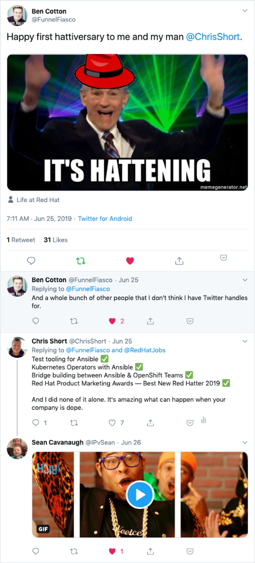 Twitter thread on Ben Cotton and I&rsquo;s One Year Red Hat Anniversaries