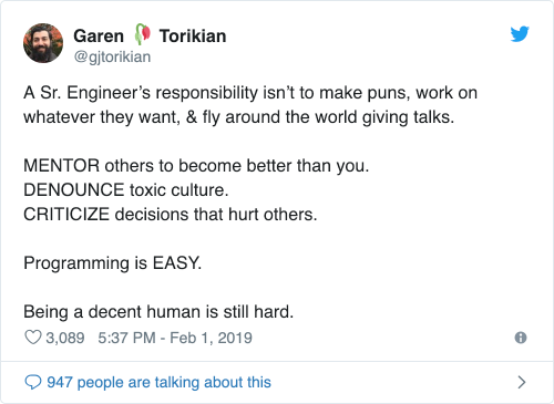 A Sr. Engineer&rsquo;s responsibility isn&rsquo;t to make puns, work on whatever they want, & fly around the world giving talks&hellip;.