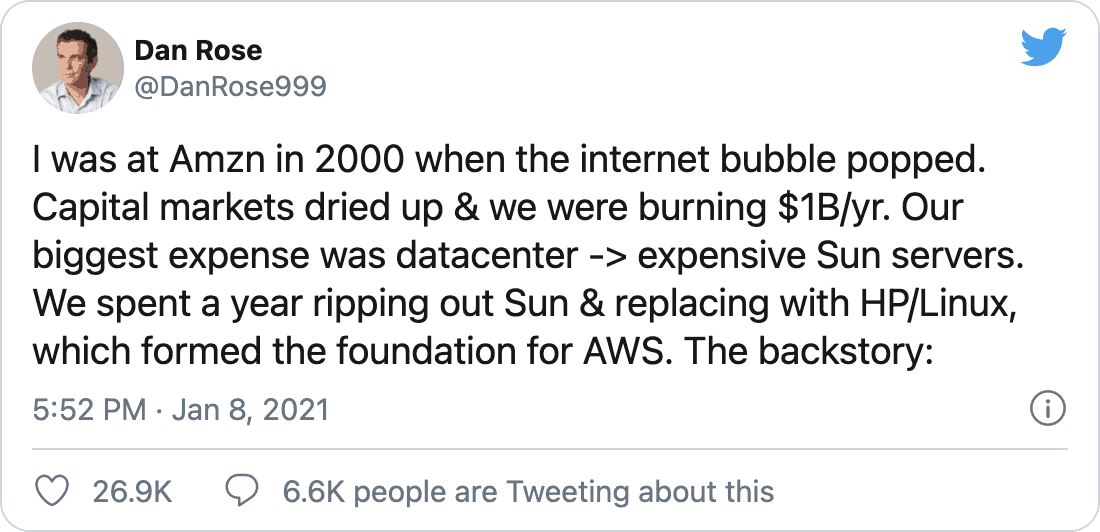 I was at Amzn in 2000 when the internet bubble popped. Capital markets dried up & we were burning $1B/yr. Our biggest expense was datacenter -> expensive Sun servers. We spent a year ripping out Sun & replacing with HP/Linux, which formed the foundation for AWS. The backstory: