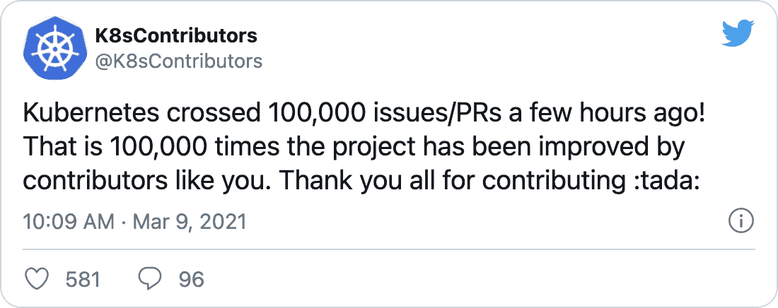 K8sContributors on Twitter: &ldquo;Kubernetes crossed 100,000 issues/PRs a few hours ago! That is 100,000 times the project has been improved by contributors like you. Thank you all for contributing 🎉&rdquo;