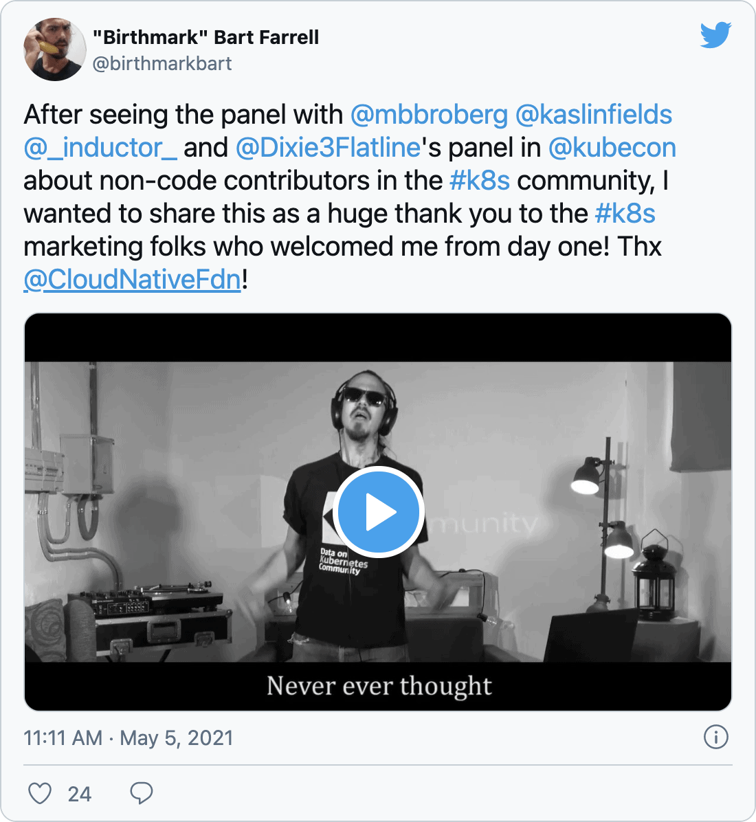 @birthmarkbart on Twitter: After seeing the panel with @mbbroberg @kaslinfields @inductor and @Dixie3Flatline&rsquo;s panel in @kubecon about non-code contributors in the #k8s community, I wanted to share this as a huge thank you to the #k8s marketing folks who welcomed me from day one! Thx @CloudNativeFdn!