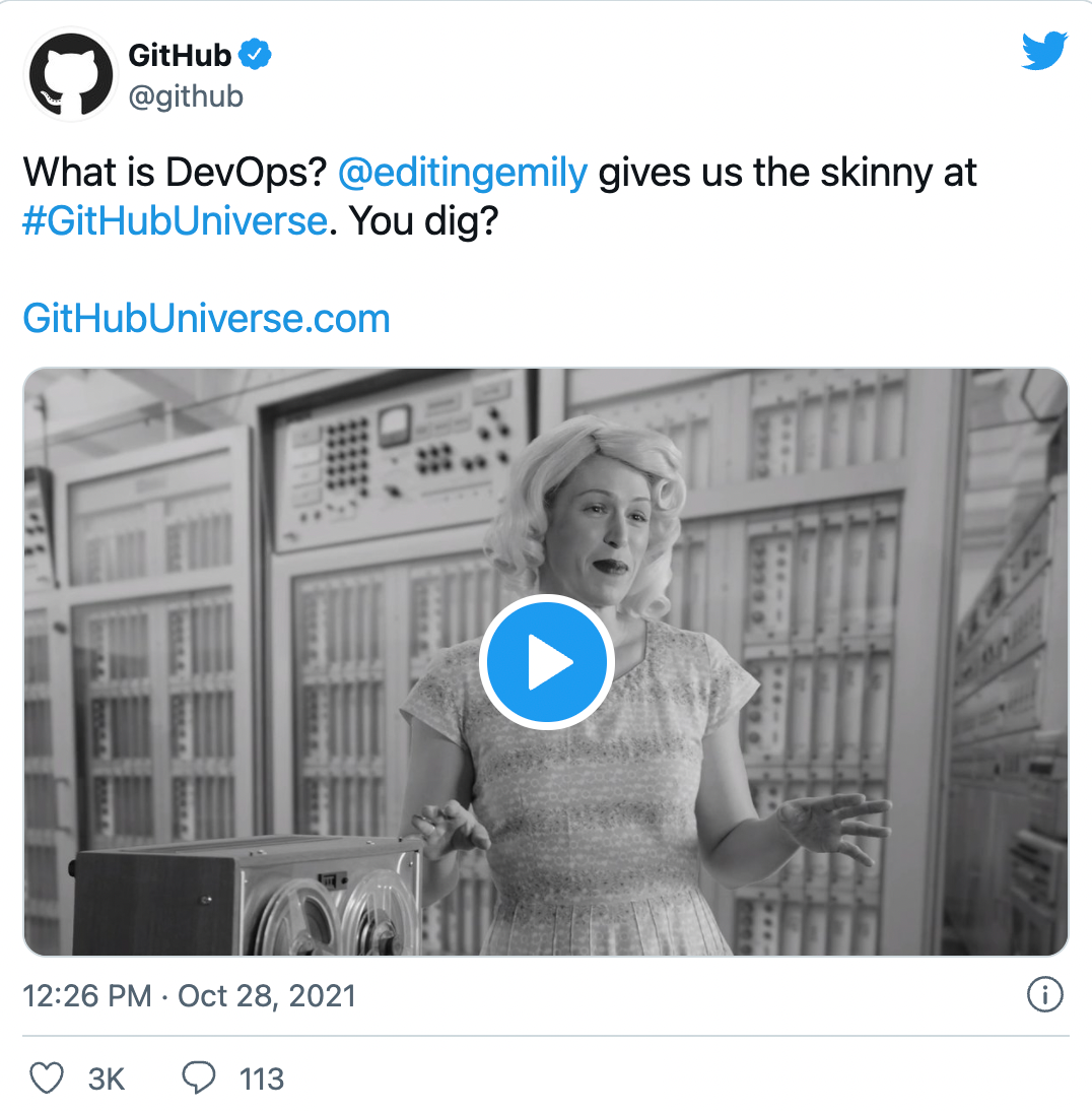GitHub @github on Twitter) &ldquo;What is DevOps? @editingemily gives us the skinny at #GitHubUniverse. You dig? http://GitHubUniverse.com