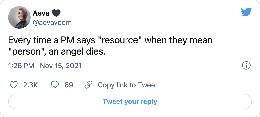 Aeva 🖤 (@aevavoom) on Twitter) &ldquo;Every time a PM says &ldquo;resource&rdquo; when they mean &lsquo;person&rsquo;, an angel dies.&rdquo;