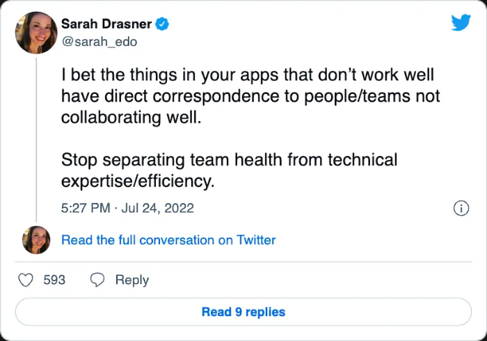 Sarah Drasner on Twitter: &ldquo;I bet the things in your apps that don&rsquo;t work well have direct correspondence to people/teams not collaborating well. Stop separating team health from technical expertise/efficiency.&rdquo;)