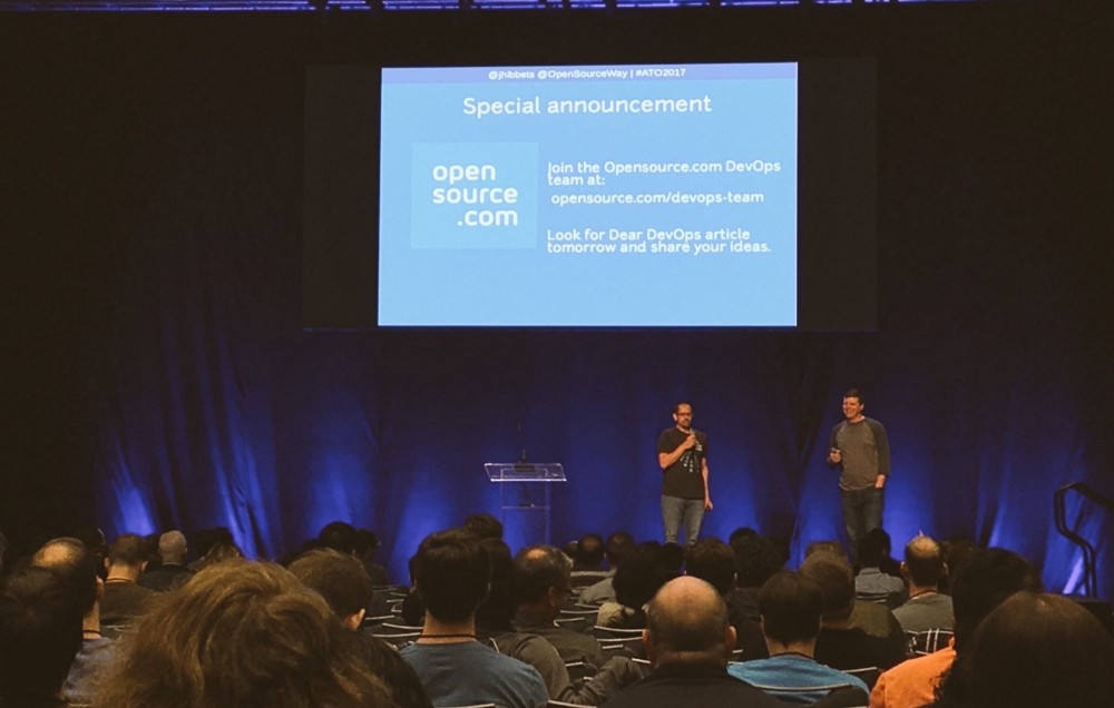 Jason Hibbets and Chris Short announcing the Opensource.com DevOps Team at All Things Open 2017